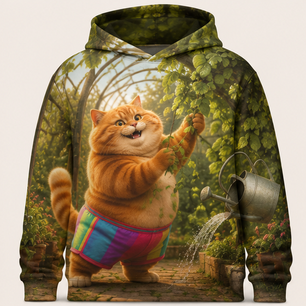Rainbow Shorts Adventure Cat — Greenhouse Vine Tamer Story-Back All-Over Hoodie — front view