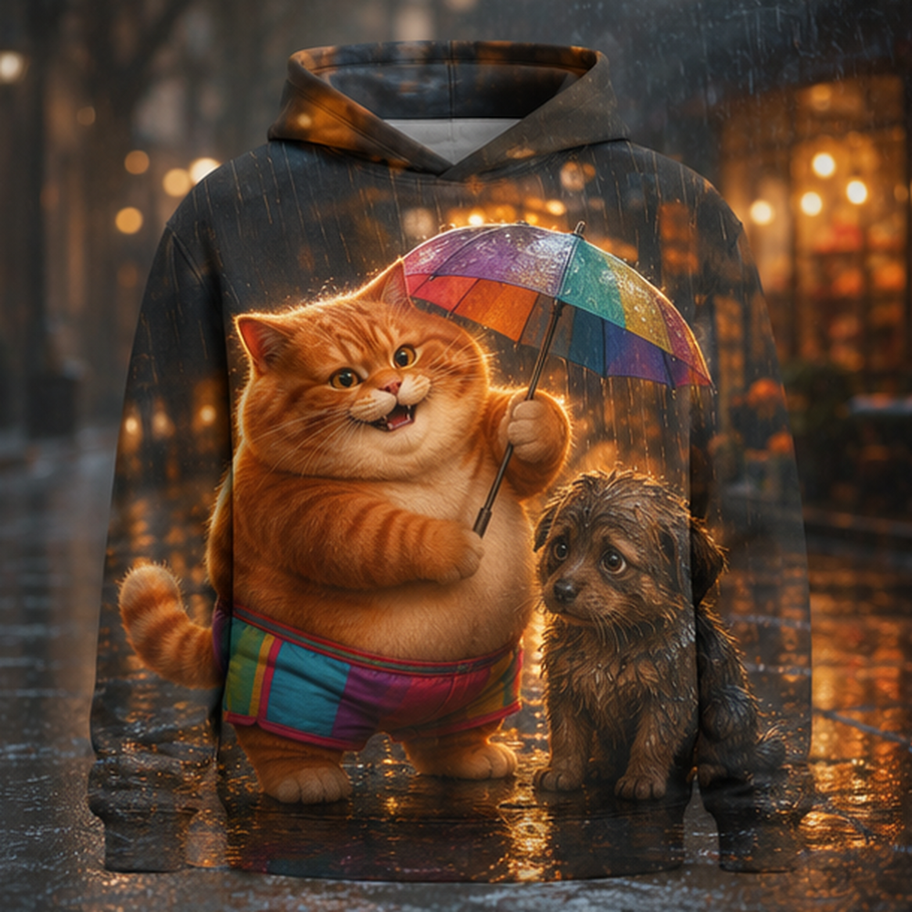 Rainbow Shorts Adventure Cat — Rainy-Night Escort Story-Back All-Over Hoodie — front view