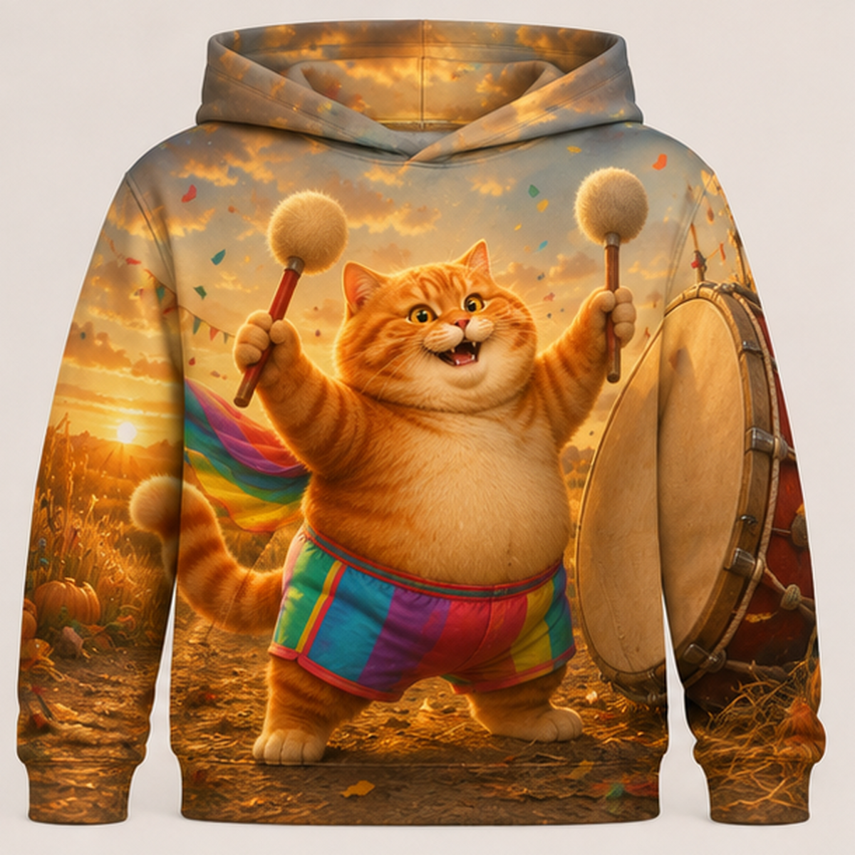 Rainbow Shorts Adventure Cat — Harvest Drum Leader Story-Back All-Over Hoodie — front view