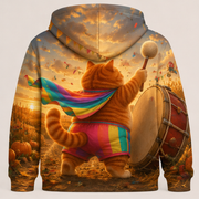 Rainbow Shorts Adventure Cat — Harvest Drum Leader Story-Back All-Over Hoodie — true back or opposite-side view