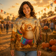 Rainbow Shorts Adventure Cat — Harvest Drum Leader Story-Back All-Over Hoodie — lifestyle view