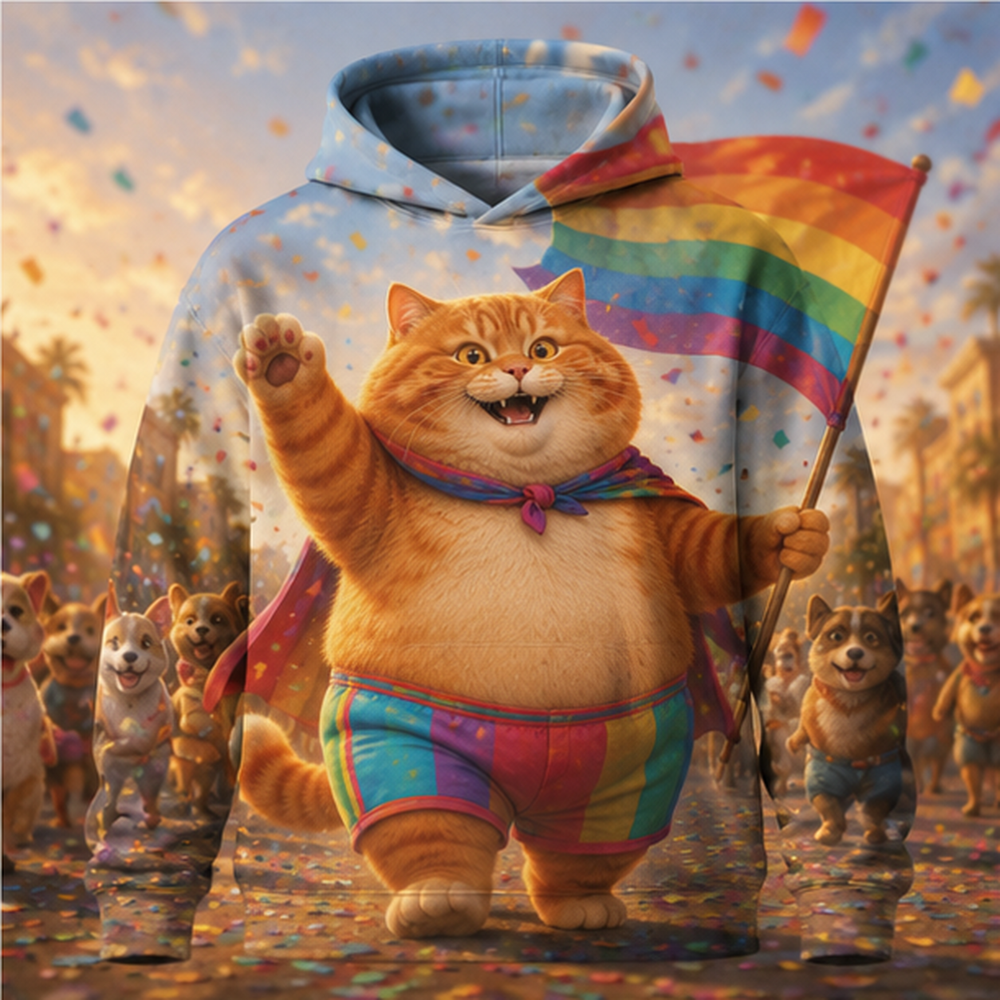 Rainbow Shorts Adventure Cat — Confetti Parade Leader Story-Back All-Over Hoodie — front view
