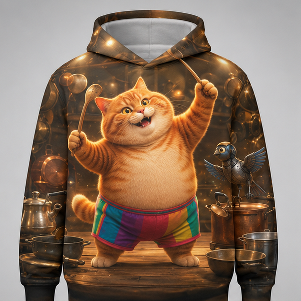 Rainbow Shorts Adventure Cat — Kitchen Orchestra Story-Back All-Over Hoodie — front view