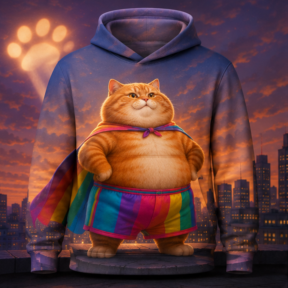 Rainbow Shorts Adventure Cat — Rooftop Signal Hero Story-Back All-Over Hoodie — front view
