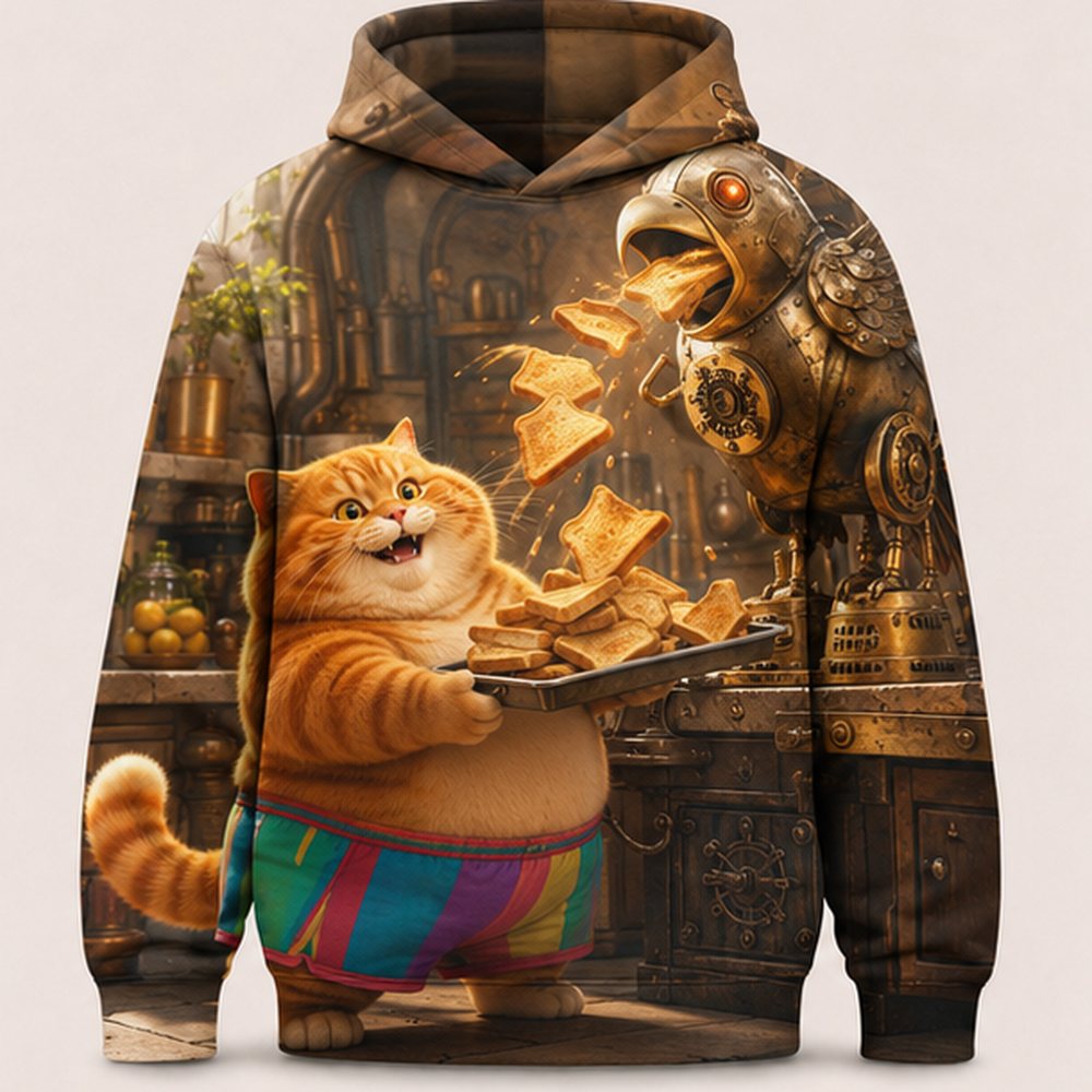 Rainbow Shorts Adventure Cat — Mechanical Breakfast Catch Story-Back All-Over Hoodie — front view