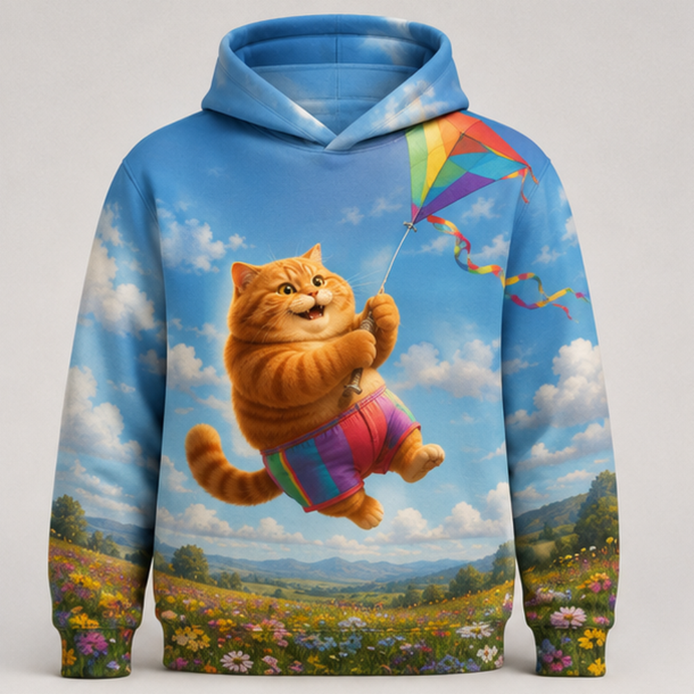 Rainbow Shorts Adventure Cat — Giant Kite Lift Story-Back All-Over Hoodie — front view