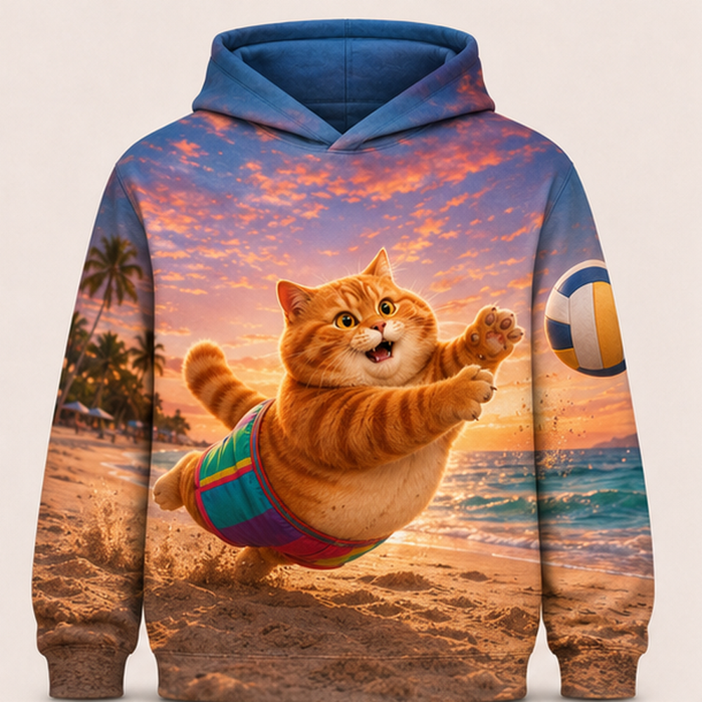 Rainbow Shorts Adventure Cat — Beach Save Story-Back All-Over Hoodie — front view
