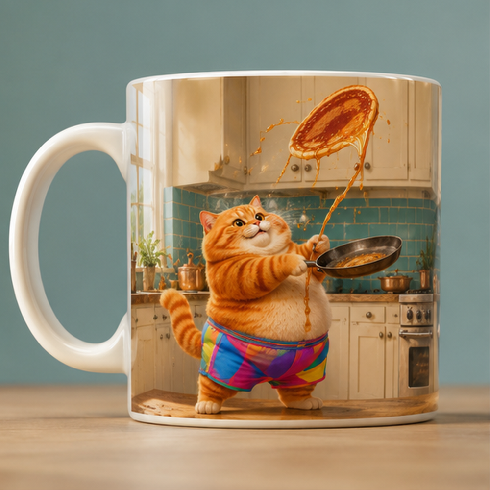 Rainbow Shorts Adventure Cat — Pancake Lift-Off Wraparound Ceramic Mug — front view