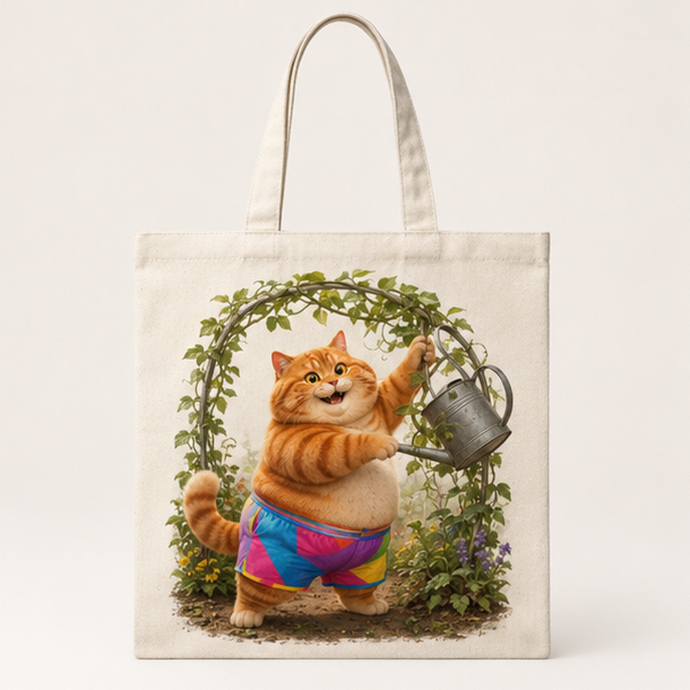 Rainbow Shorts Adventure Cat — Greenhouse Vine Tamer Canvas Tote Bag — front view