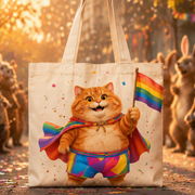 Rainbow Shorts Adventure Cat — Confetti Parade Leader Canvas Tote Bag — front view