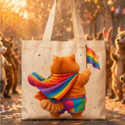 Rainbow Shorts Adventure Cat — Confetti Parade Leader Canvas Tote Bag — true back or opposite-side view