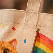 Rainbow Shorts Adventure Cat — Confetti Parade Leader Canvas Tote Bag — print detail