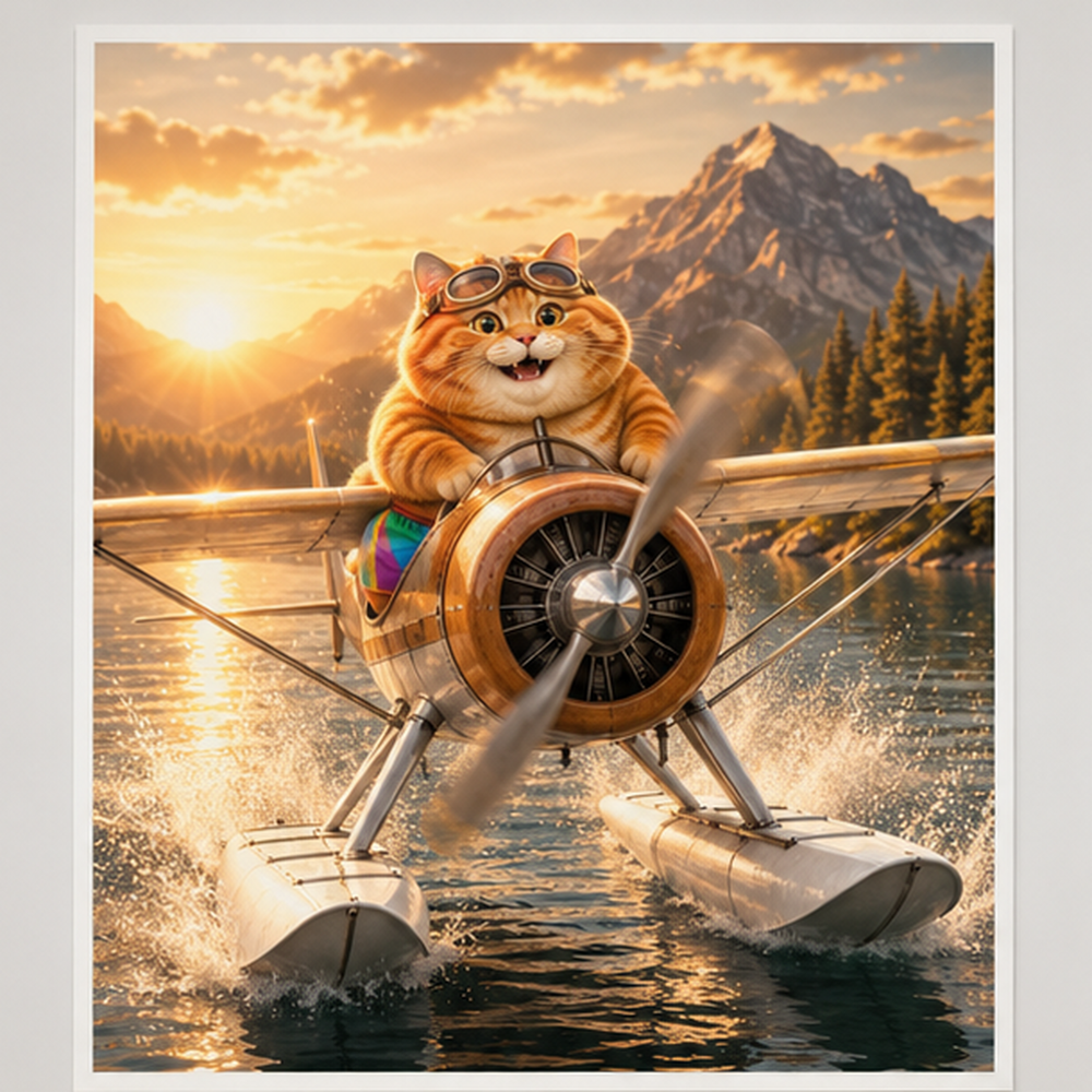 Rainbow Shorts Adventure Cat — Seaplane Touchdown Gallery Art Print — front view