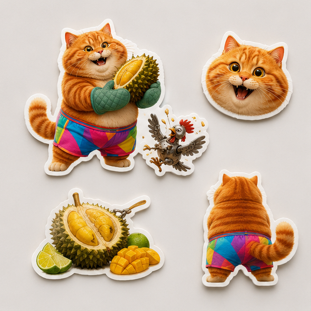 Rainbow Shorts Adventure Cat — Spiky Fruit Challenge Five-Piece Sticker Pack — front view