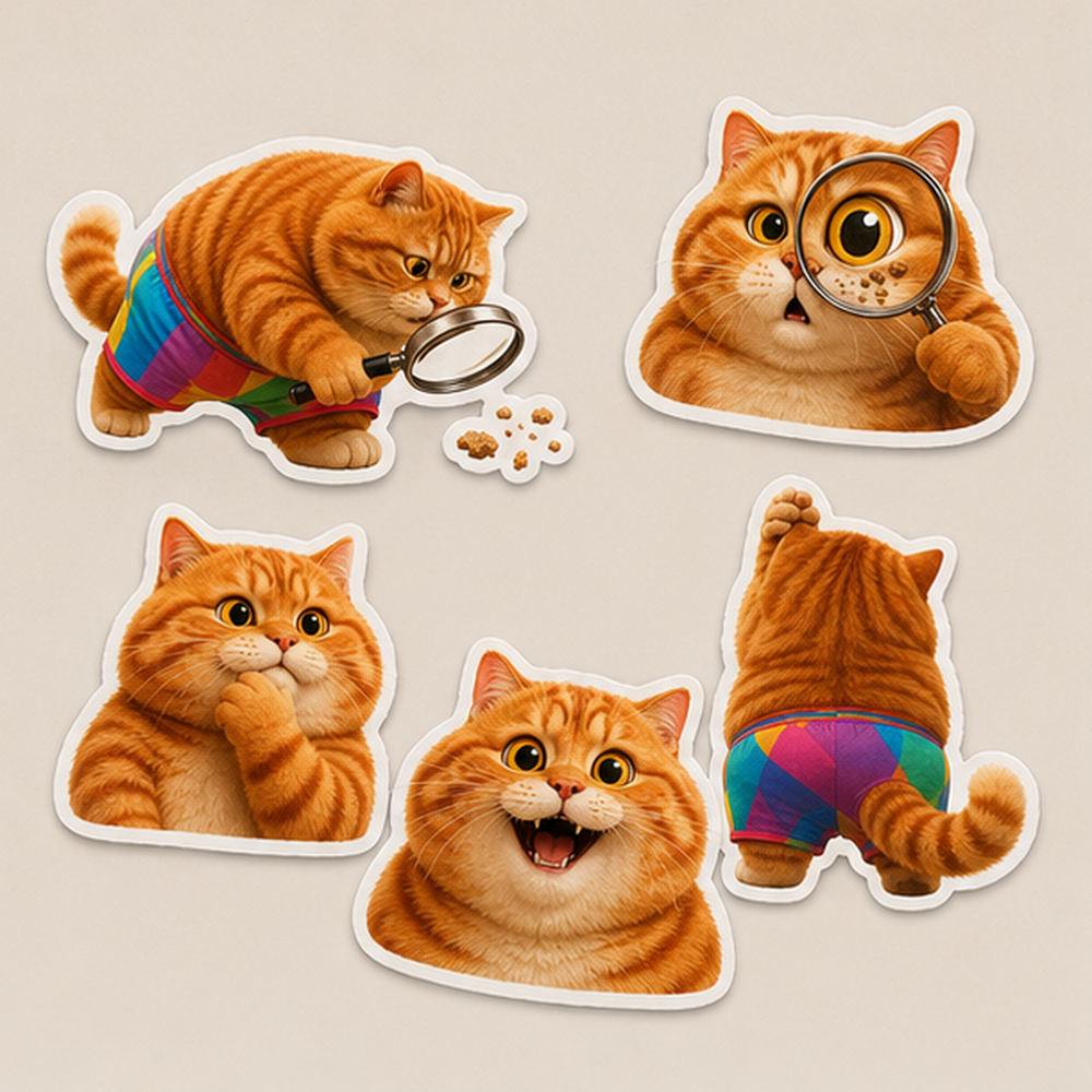 Rainbow Shorts Adventure Cat — Cookie-Crumb Detective Five-Piece Sticker Pack — front view