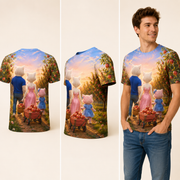 Apple Orchard Wagon — All-Over Print T-Shirt — inferred back, side and adult model views from approved front artwork