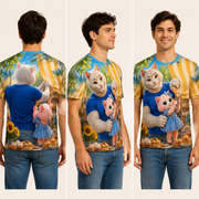 Bakery Awning Button-Up — All-Over Print T-Shirt — inferred back, side and adult model views from approved front artwork