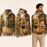 Bakery Bell Rush pullover hoodie — inferred continuous back, three-quarter side, and adult model views
