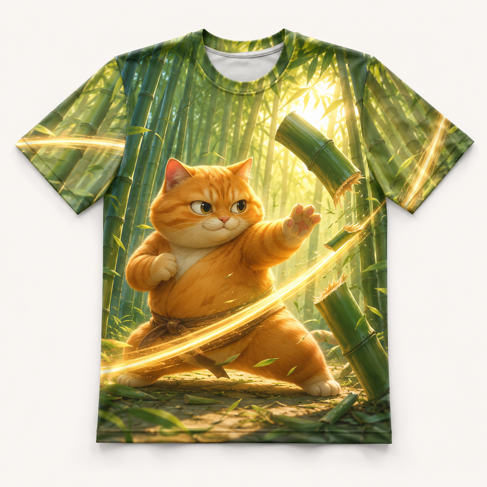 Front view of Bamboo Light Strike all-over-print T-shirt featuring a focused orange cat breaking bamboo amid green stalks and golden light arcs.