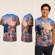 Basketball Mosaic Bounce — All-Over Print T-Shirt inferred back, three-quarter side and adult model views — The Fluffy Fam