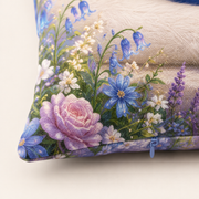 Representative close-up of Bedside Flower Vase throw pillow polyester print, seam and concealed zipper