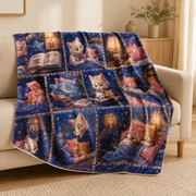 Representative sofa styling of Bedtime Story Patchwork fleece blanket with printed face and white reverse — The Fluffy Fam