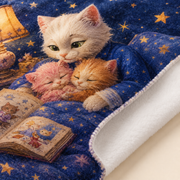 Bedtime Story Patchwork fleece blanket detail with printed face, plain white reverse and finished stitched edge — The Fluffy Fam