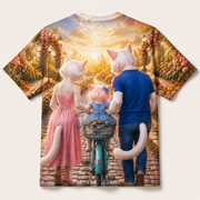 Bicycle Basket Bloom — All-Over Print T-Shirt — inferred back view from approved front artwork — The Fluffy Fam