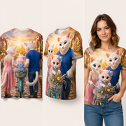 Bicycle Basket Bloom — All-Over Print T-Shirt inferred back, three-quarter side and adult model views — The Fluffy Fam
