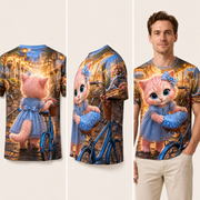 Bicycle Saddle Save — All-Over Print T-Shirt — inferred back, side and adult model views from approved front artwork