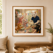 Birthday Table Before Guests Arrive art print in a representative light-oak frame and warm home setting — frame and mat not included