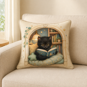 Representative sofa view of Black Kitten Book Nook throw pillow with polyester insert
