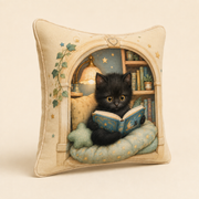 Black Kitten Book Nook throw pillow back three-quarter view with the same double-sided artwork