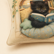 Black Kitten Book Nook 100% polyester cover print, seam and concealed bottom zipper detail