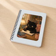 Representative neutral-desk view of one Black Kitten Quiet Thoughts spiral notebook with full laminated cover