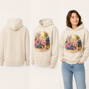Blanket Cape Rescue pullover hoodie — inferred plain back, three-quarter side, and adult model views
