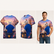 Blue-Hour Bridge — All-Over Print T-Shirt — inferred back, side and adult model views from approved front artwork