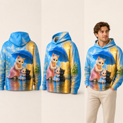 Blue Umbrella Promise pullover hoodie — inferred back, three-quarter and natural model views — The Fluffy Fam