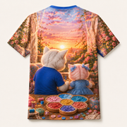Button Rainbow Sort — All-Over Print T-Shirt — inferred back view from approved front artwork — The Fluffy Fam