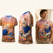 Button Rainbow Sort — All-Over Print T-Shirt inferred back, three-quarter side and adult model views — The Fluffy Fam
