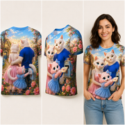 Camellia Letterbox Hello — All-Over Print T-Shirt inferred back, three-quarter side and adult model views — The Fluffy Fam