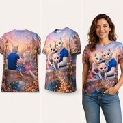 Canal Leaf Catch — All-Over Print T-Shirt inferred back, three-quarter side and adult model views — The Fluffy Fam