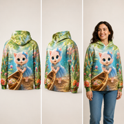 Canoe Basket Homecoming all-over print Hoodie — inferred back, three-quarter and natural model views — The Fluffy Fam