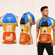 Cat Stack Status Light Short-Sleeve Compression Shirt — inferred back, side and adult model views from approved front artwork