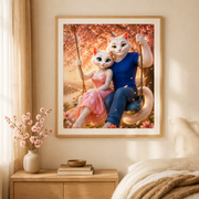 Representative framed display of Cherry-Tree Swing Arc art print in a warm bedroom; frame and mat not included