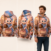 Chocolate Ribbon Loop all-over print hoodie — inferred back, three-quarter side, and adult model views