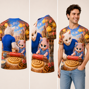 Cinnamon Spiral Spin all-over print T-shirt — inferred back, three-quarter side, and adult model views