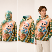 Cobblestone Rivulet Guide all-over print Hoodie — inferred back, three-quarter and natural model views — The Fluffy Fam