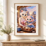 Cocoa Bun Snowfall art print in a representative light-oak frame and warm baking corner — frame and mat not included