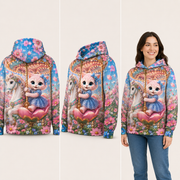 Cosmos Carousel Ride all-over print hoodie — inferred back, three-quarter and natural model views — The Fluffy Fam